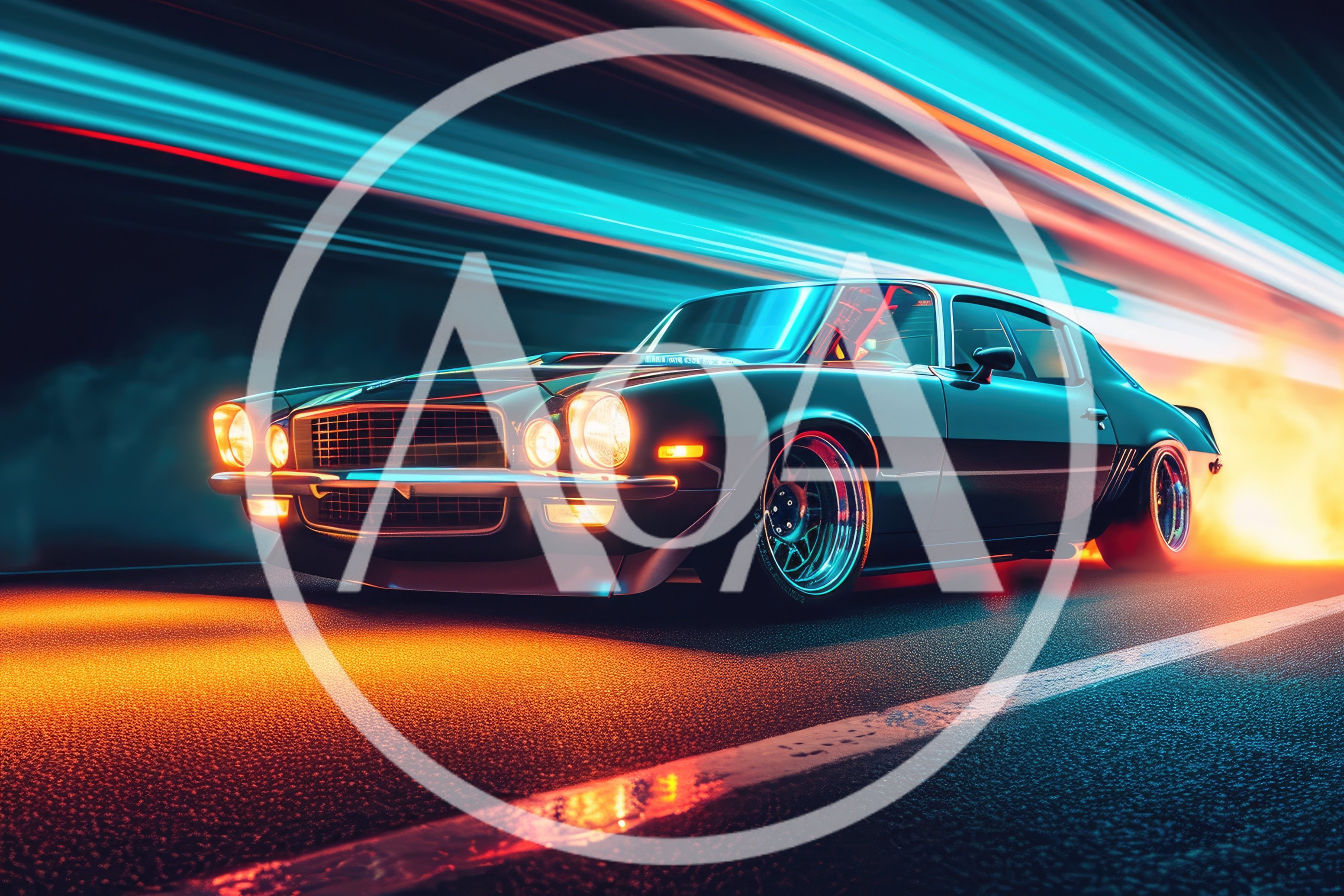 Custom Muscle Car Speeding Through Neon City Streets