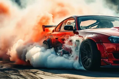 Red Sports Car Performing A High Speed Drift