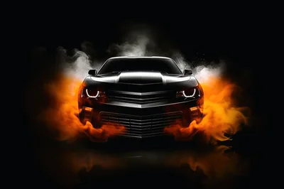 Black Muscle Car Surrounded By Intense Fire And Smoke