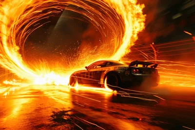 Sports Car Drifting With Fiery Sparks And Light Trails