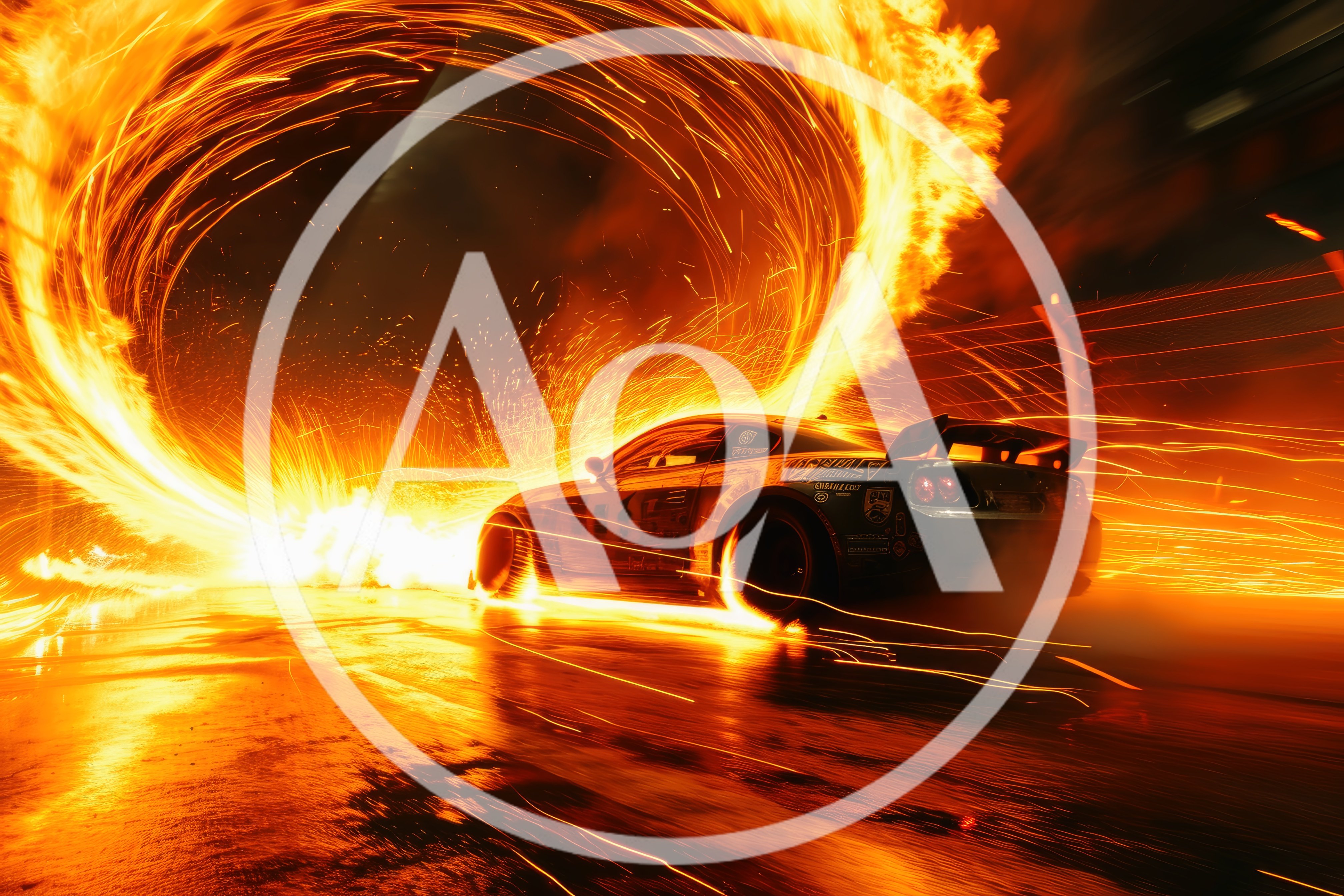 Sports Car Drifting With Fiery Sparks And Light Trails
