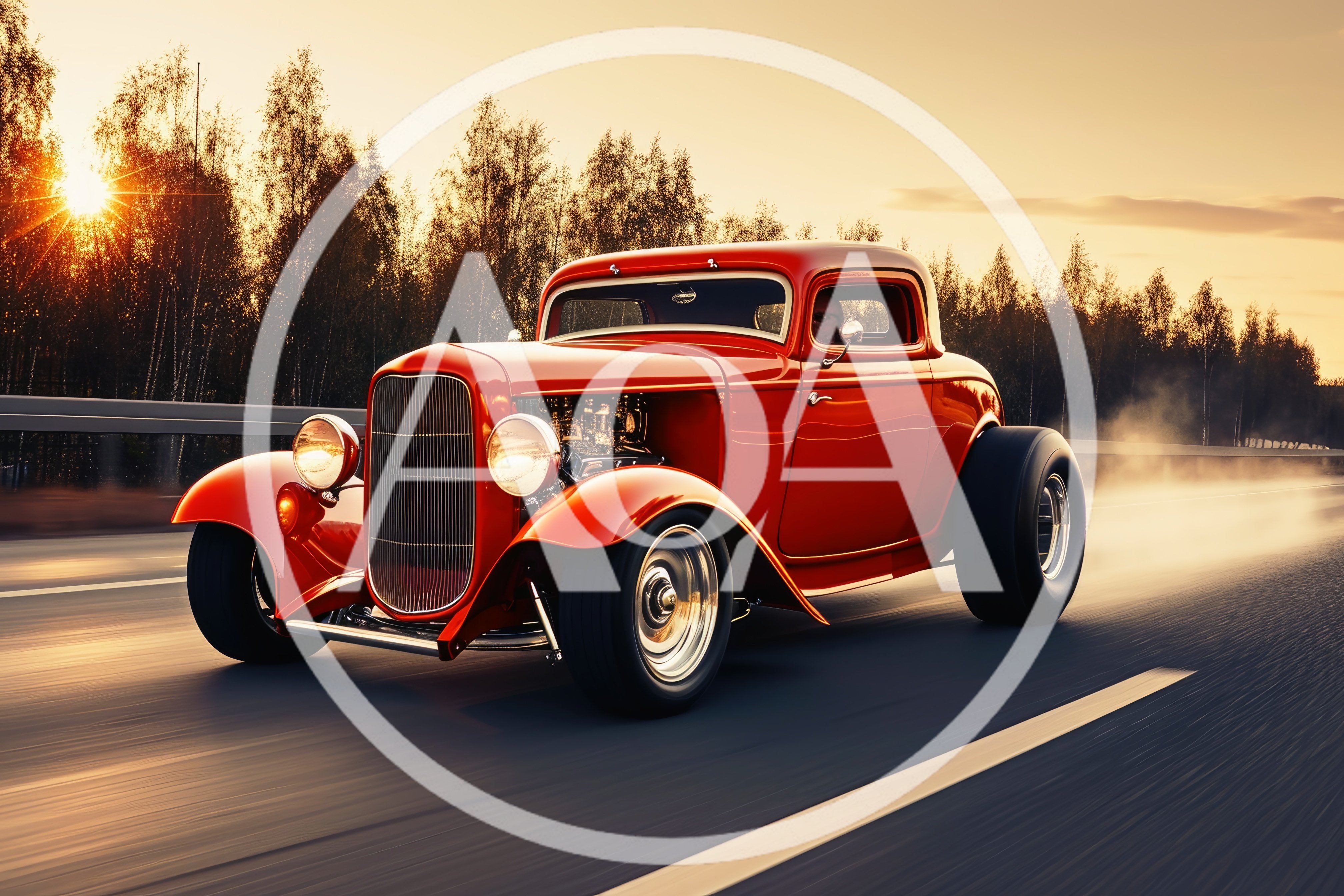Red Hot Rod Driving On Highway At Sunset