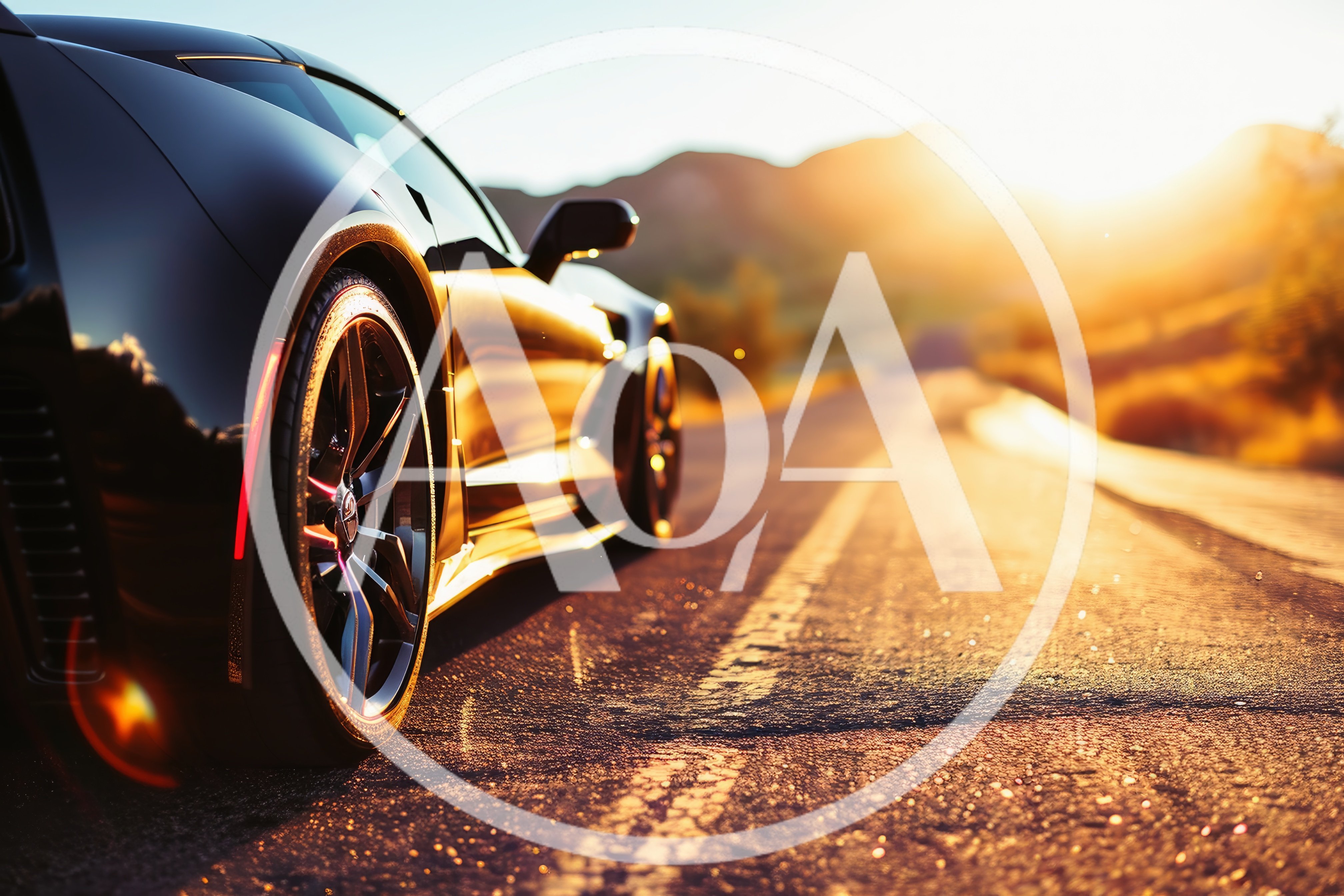 Black Sports Car Parked On Desert Road At Sunset