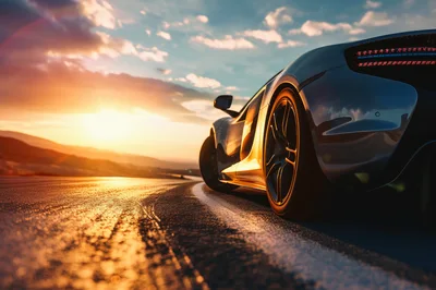 Luxury Sports Car Driving On Coastal Road At Sunset
