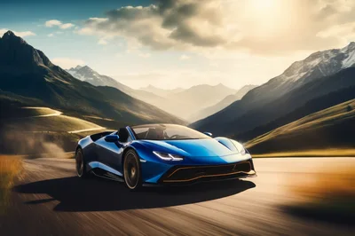 Blue Lamborghini Centenario Roadster Driving Through Mountain Pass