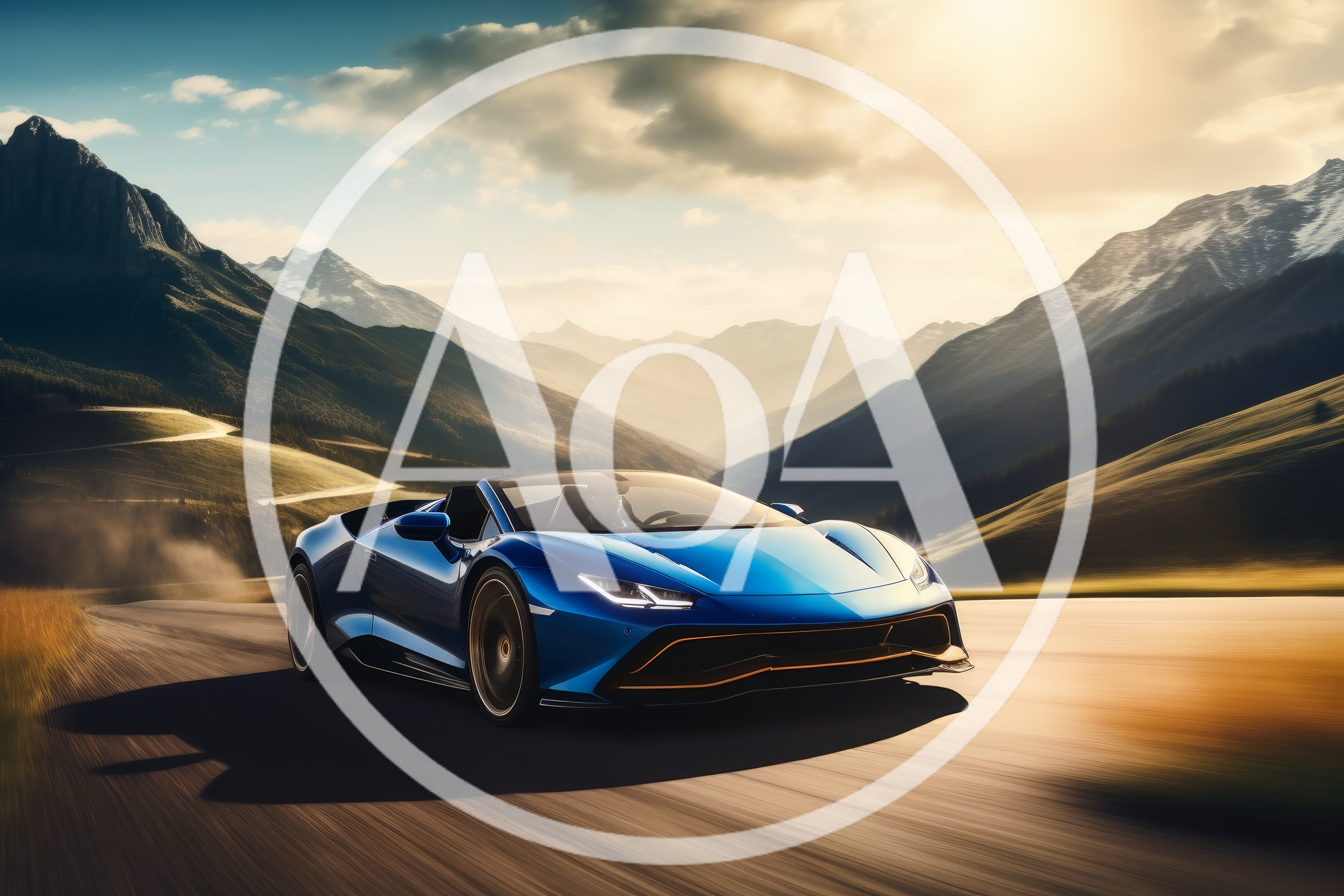 Blue Lamborghini Centenario Roadster Driving Through Mountain Pass