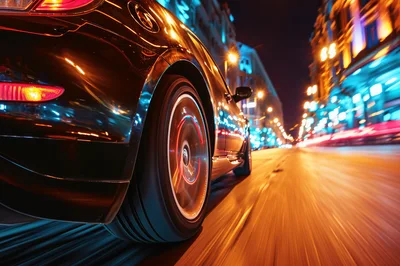 Low Angle View Of A Sports Car Driving At Night