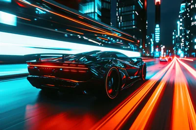 Black Supercar Speeding Through Neon City Streets