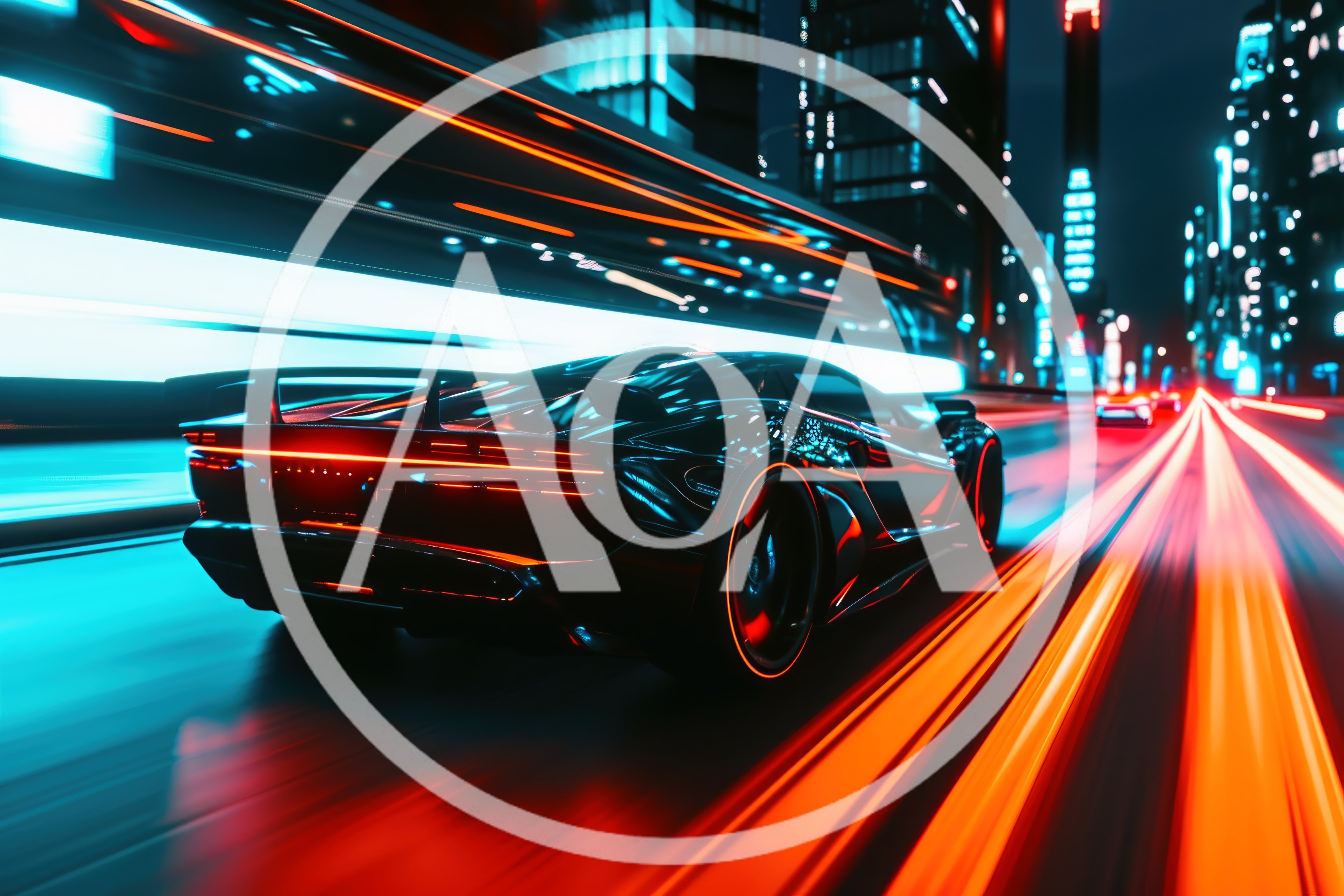Black Supercar Speeding Through Neon City Streets