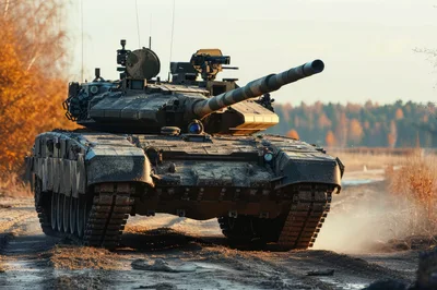 Modern Main Battle Tank Moving Through Muddy Terrain