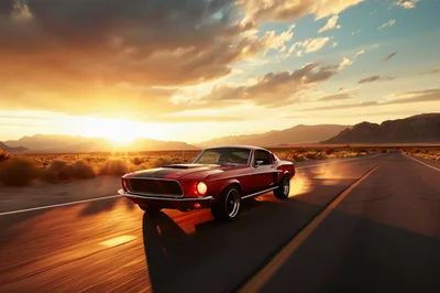 Classic Red Muscle Car Driving on Desert Highway