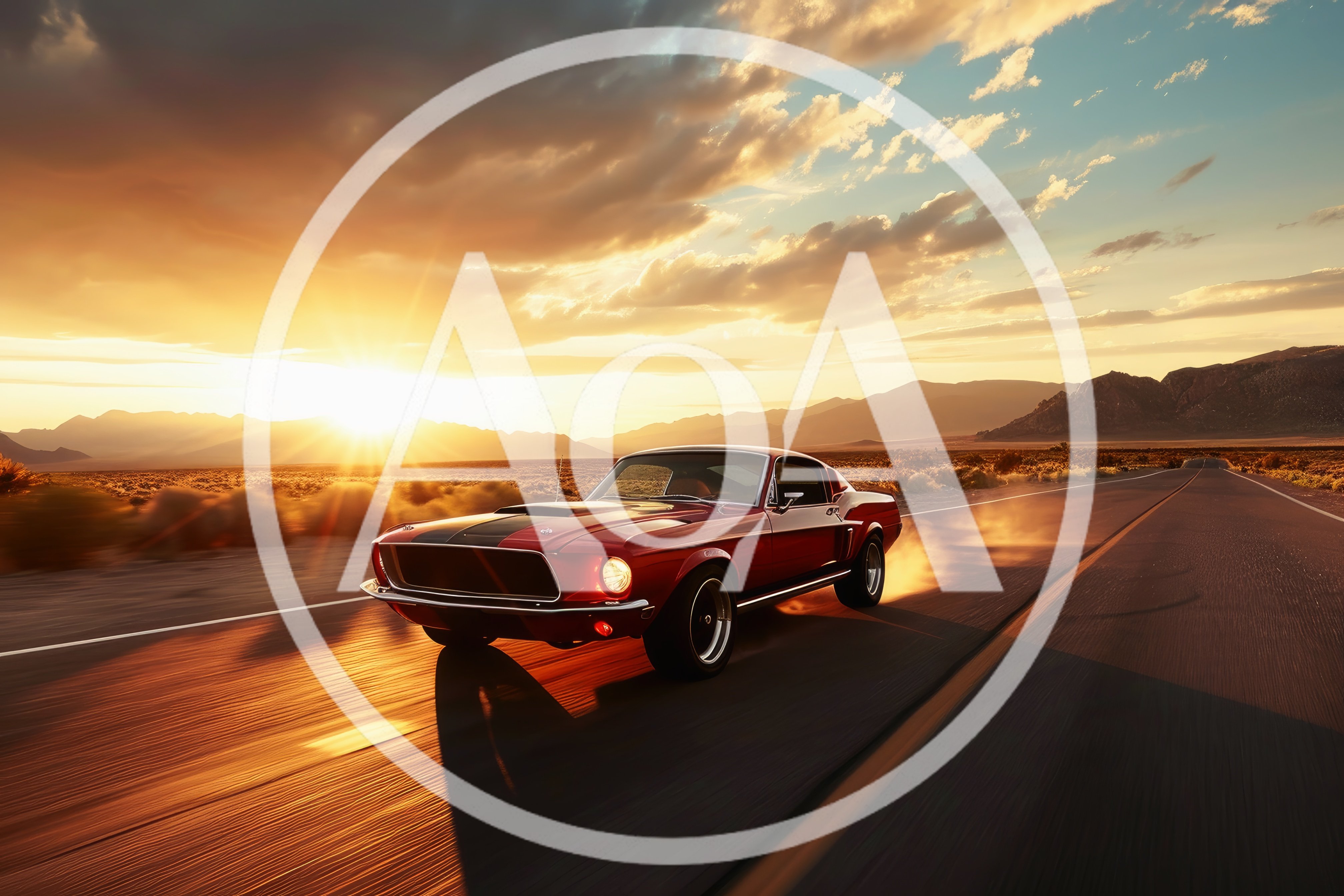 Classic Red Muscle Car Driving on Desert Highway