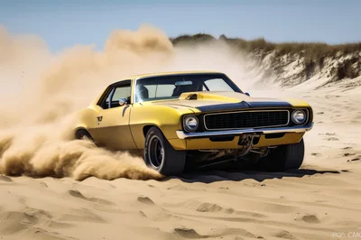 Yellow Muscle Car Drifting Through Sandy Desert Dunes
