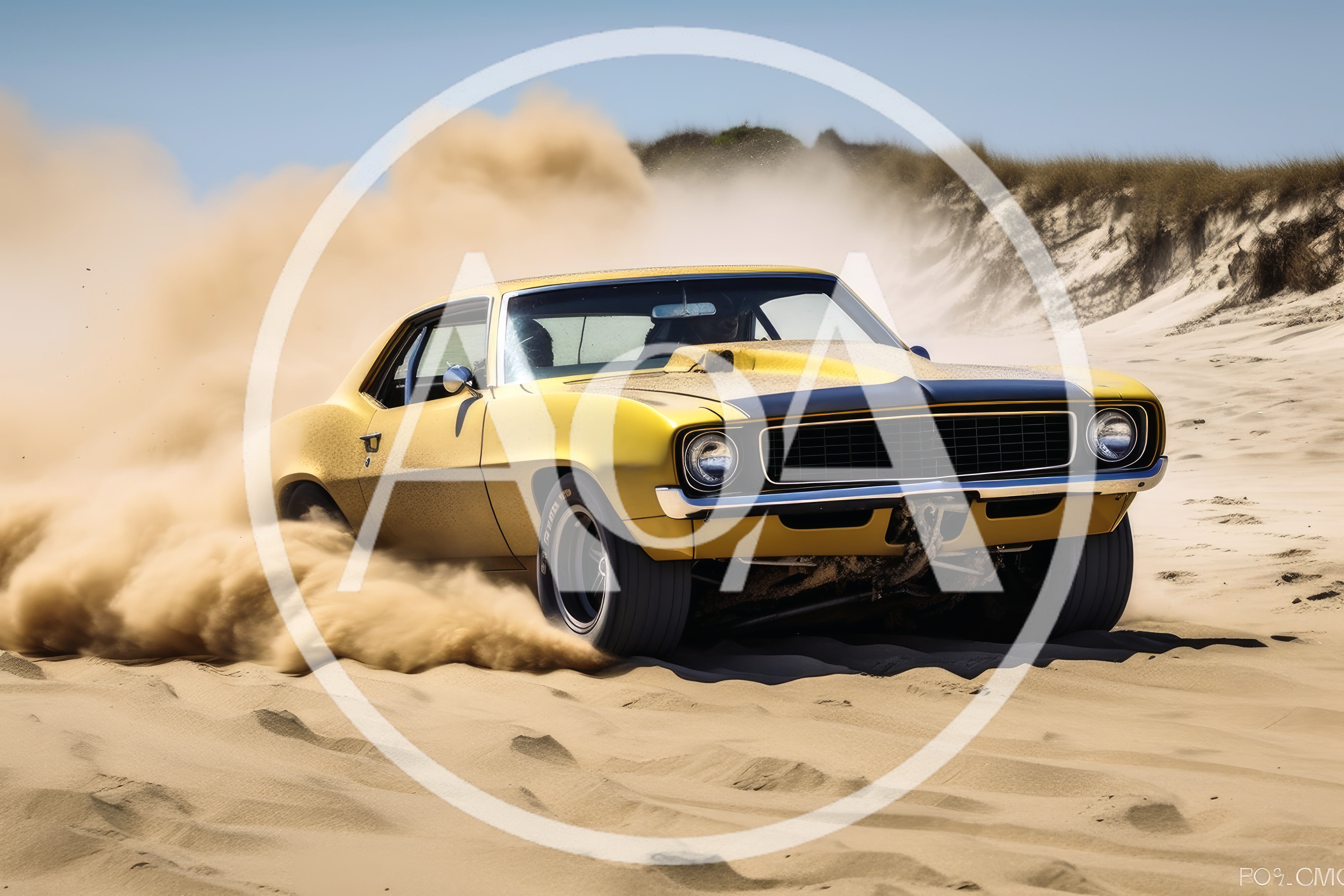 Yellow Muscle Car Drifting Through Sandy Desert Dunes