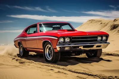 Classic Red Muscle Car Driving Through Desert Sand Dunes