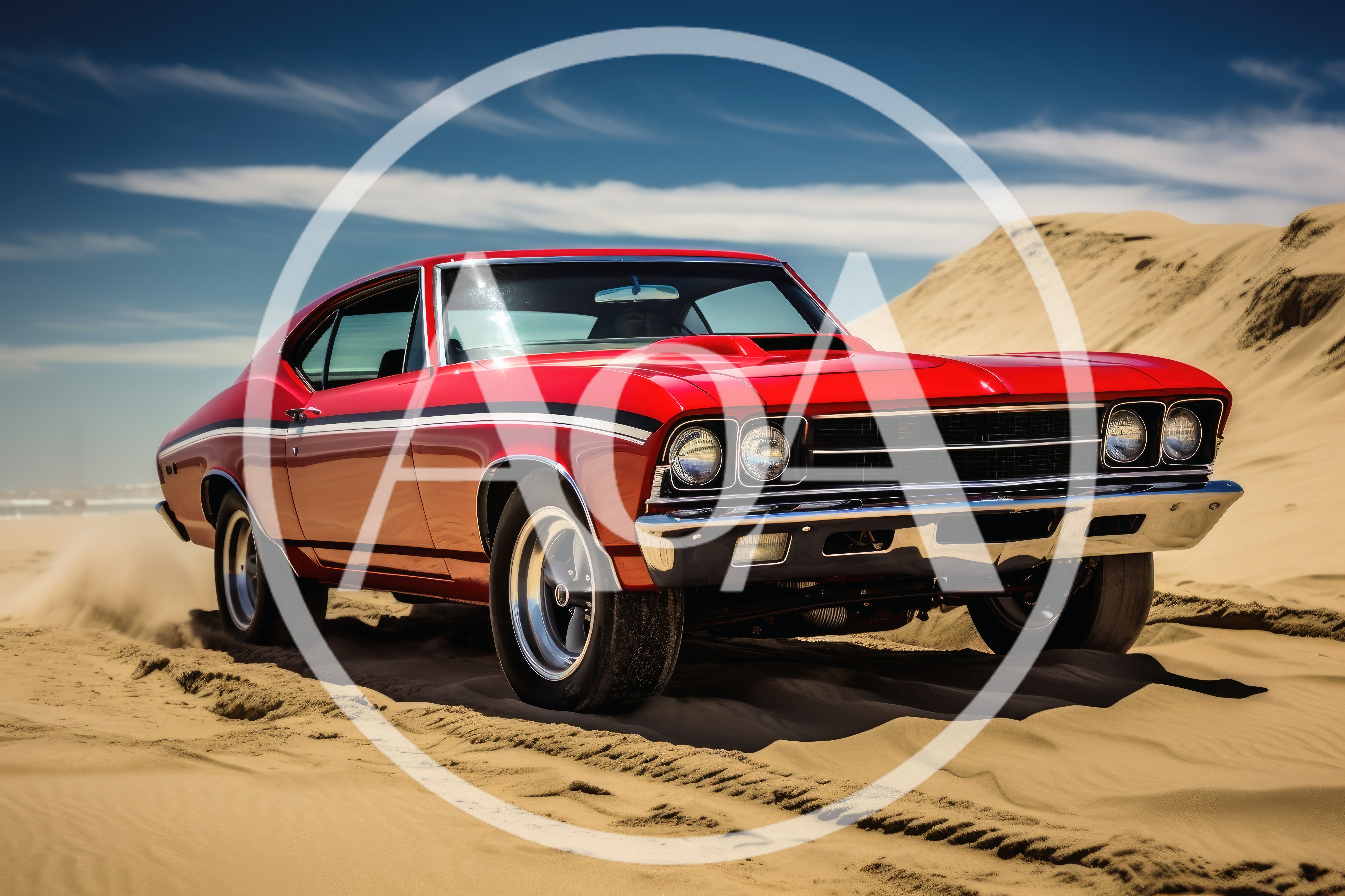 Classic Red Muscle Car Driving Through Desert Sand Dunes