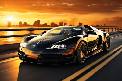 Black Supercar Driving on Coastal Bridge at Sunset