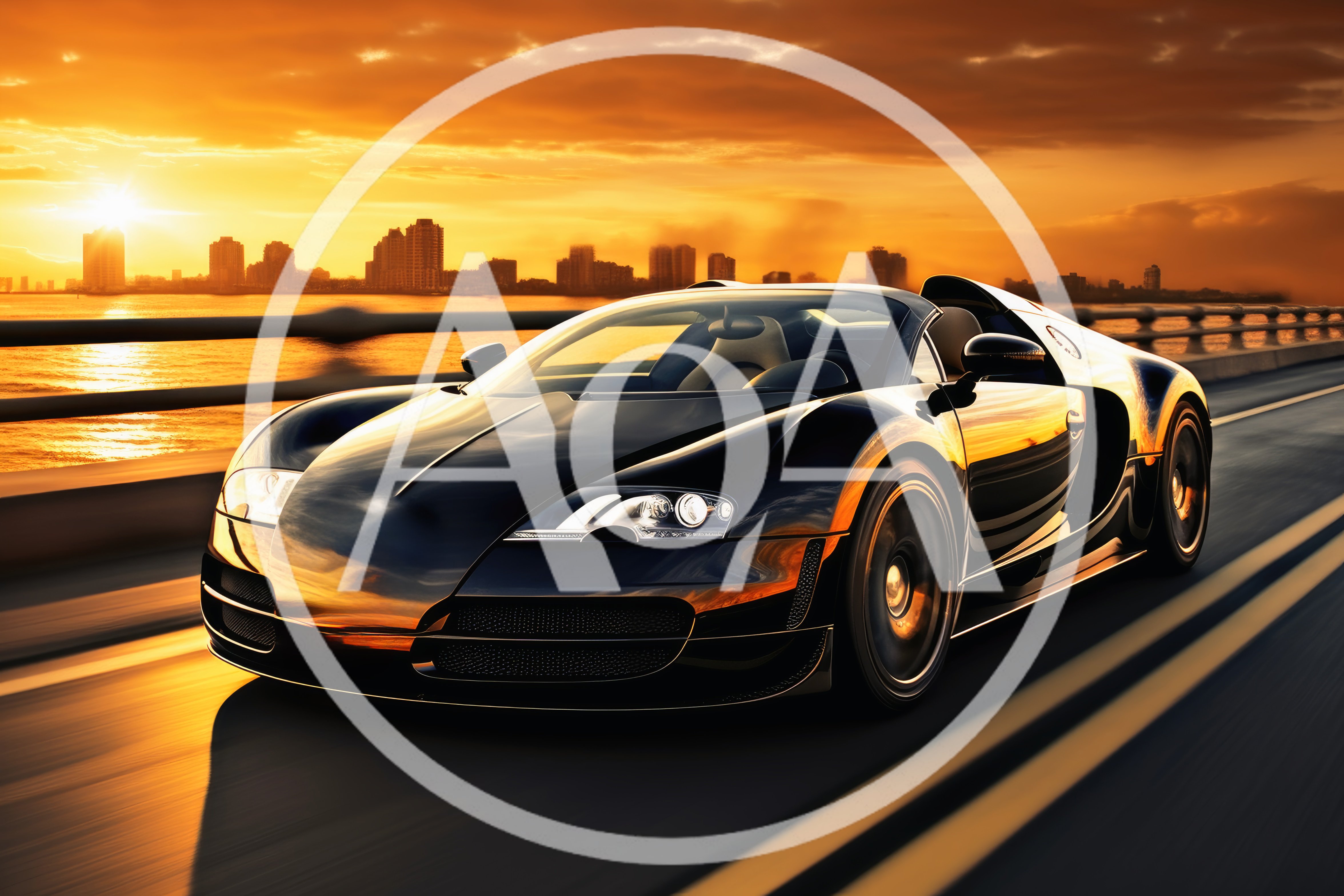 Black Supercar Driving on Coastal Bridge at Sunset
