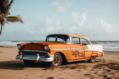 Vintage Rusty Car Abandoned On A Tropical Beach
