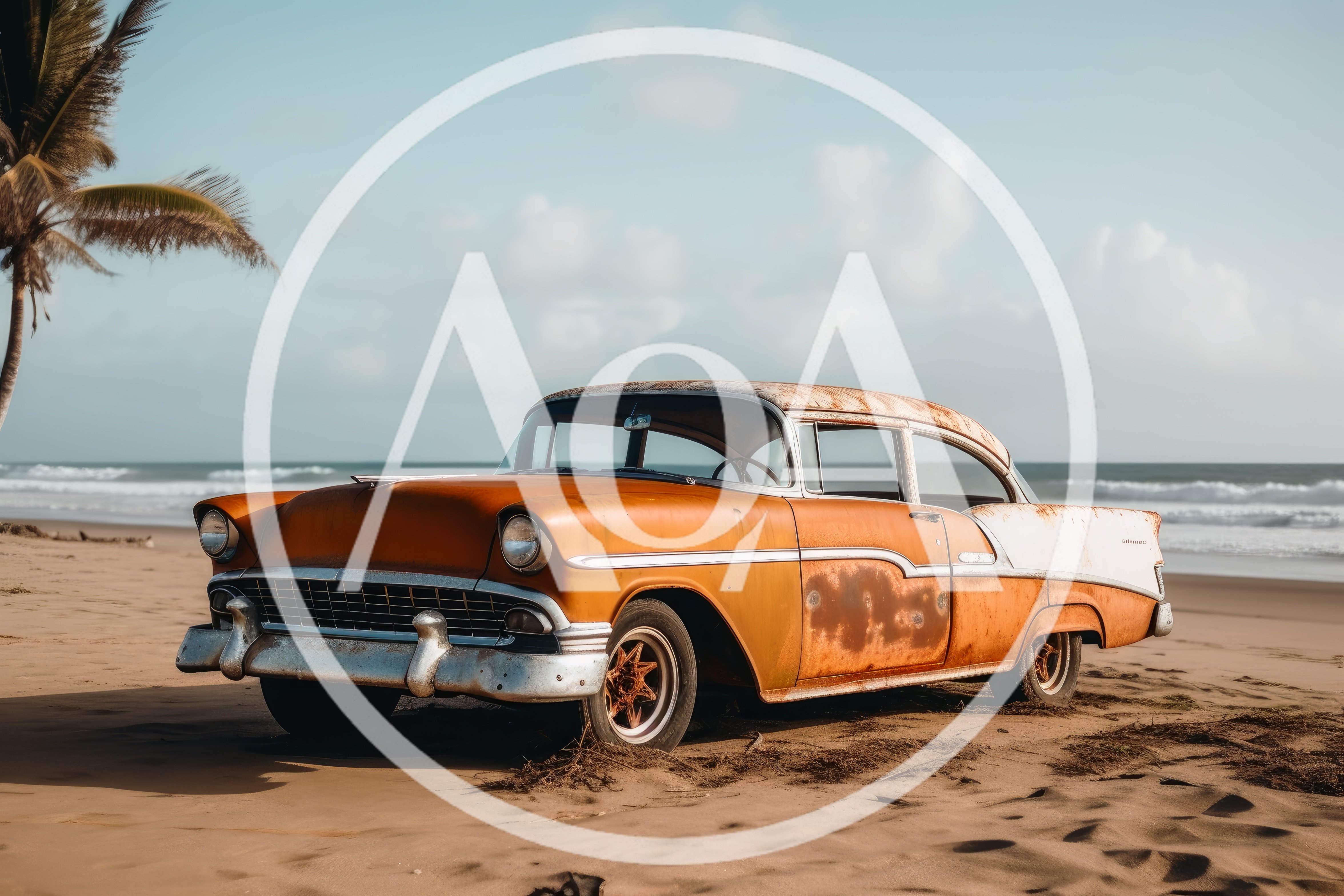 Vintage Rusty Car Abandoned On A Tropical Beach