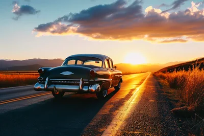 Vintage Classic Car Driving Down A Desert Highway