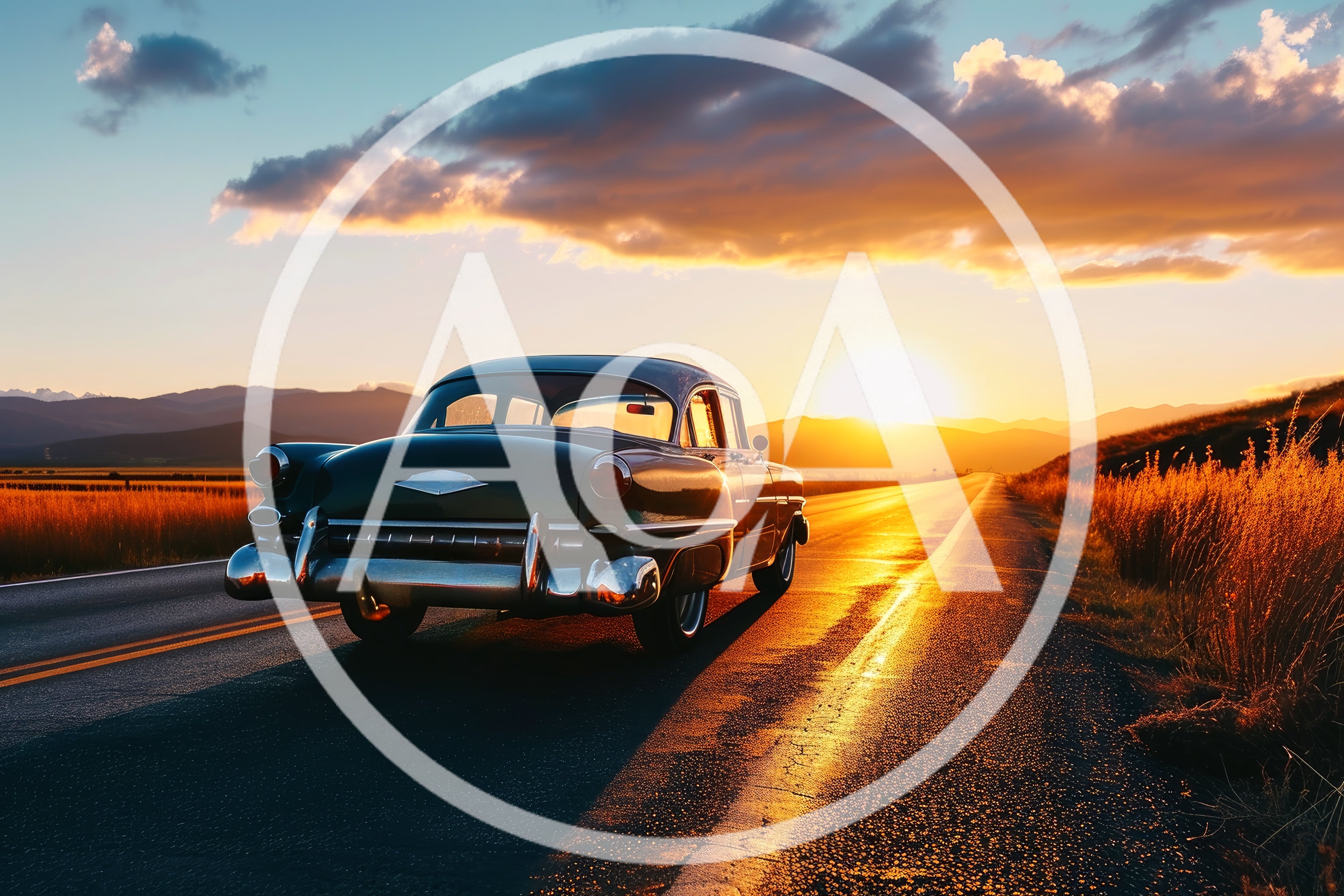 Vintage Classic Car Driving Down A Desert Highway