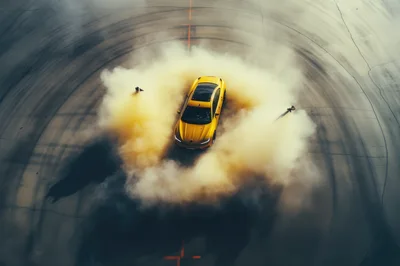 Yellow Sports Car Performing Donuts on Asphalt
