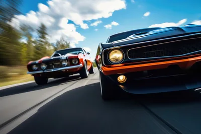 Two Classic Muscle Cars Racing on a Highway