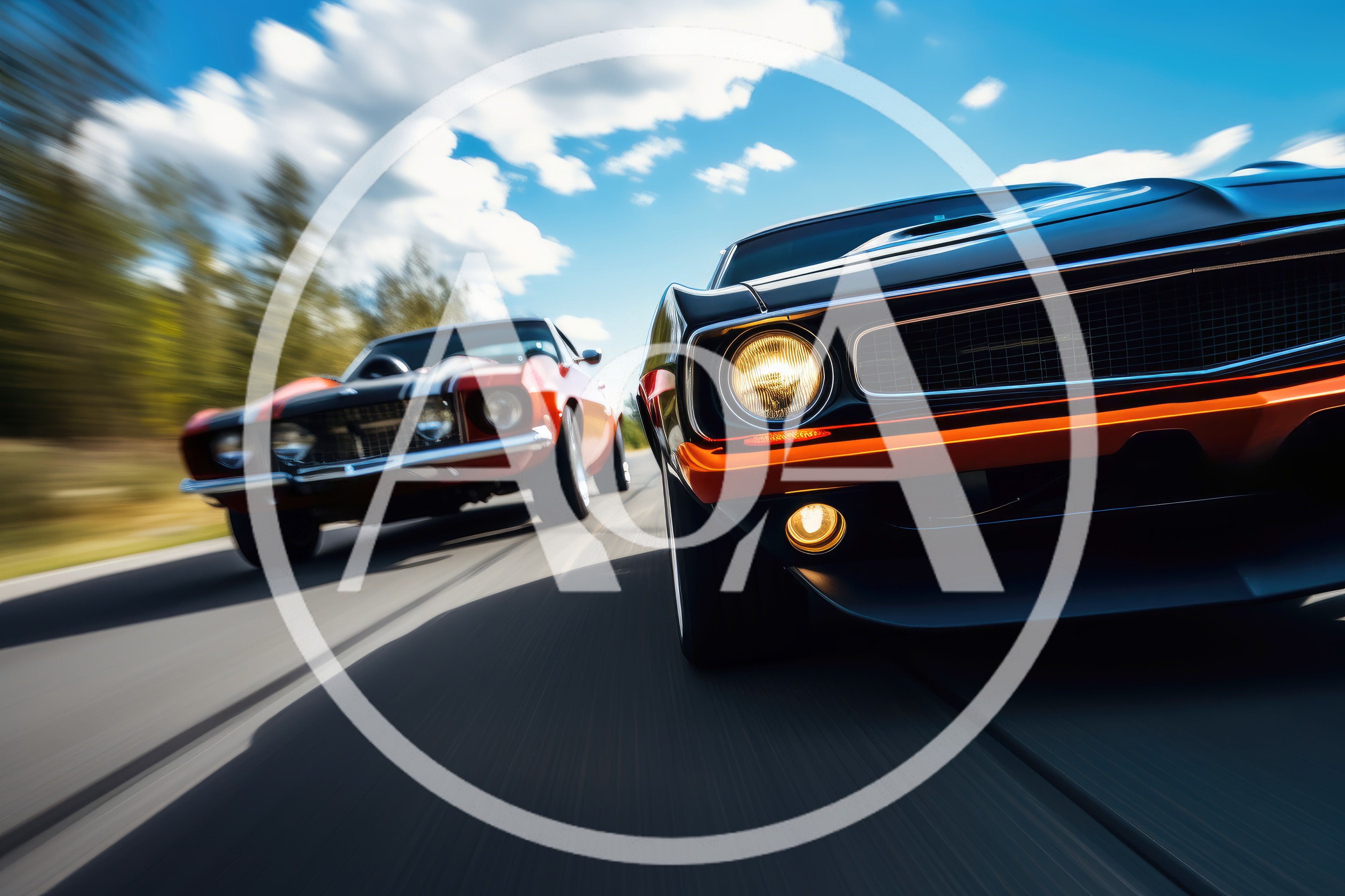 Two Classic Muscle Cars Racing on a Highway