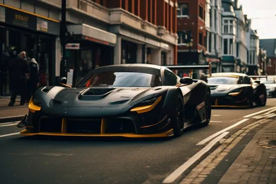 Two Matte Black Supercars Driving Down City Street