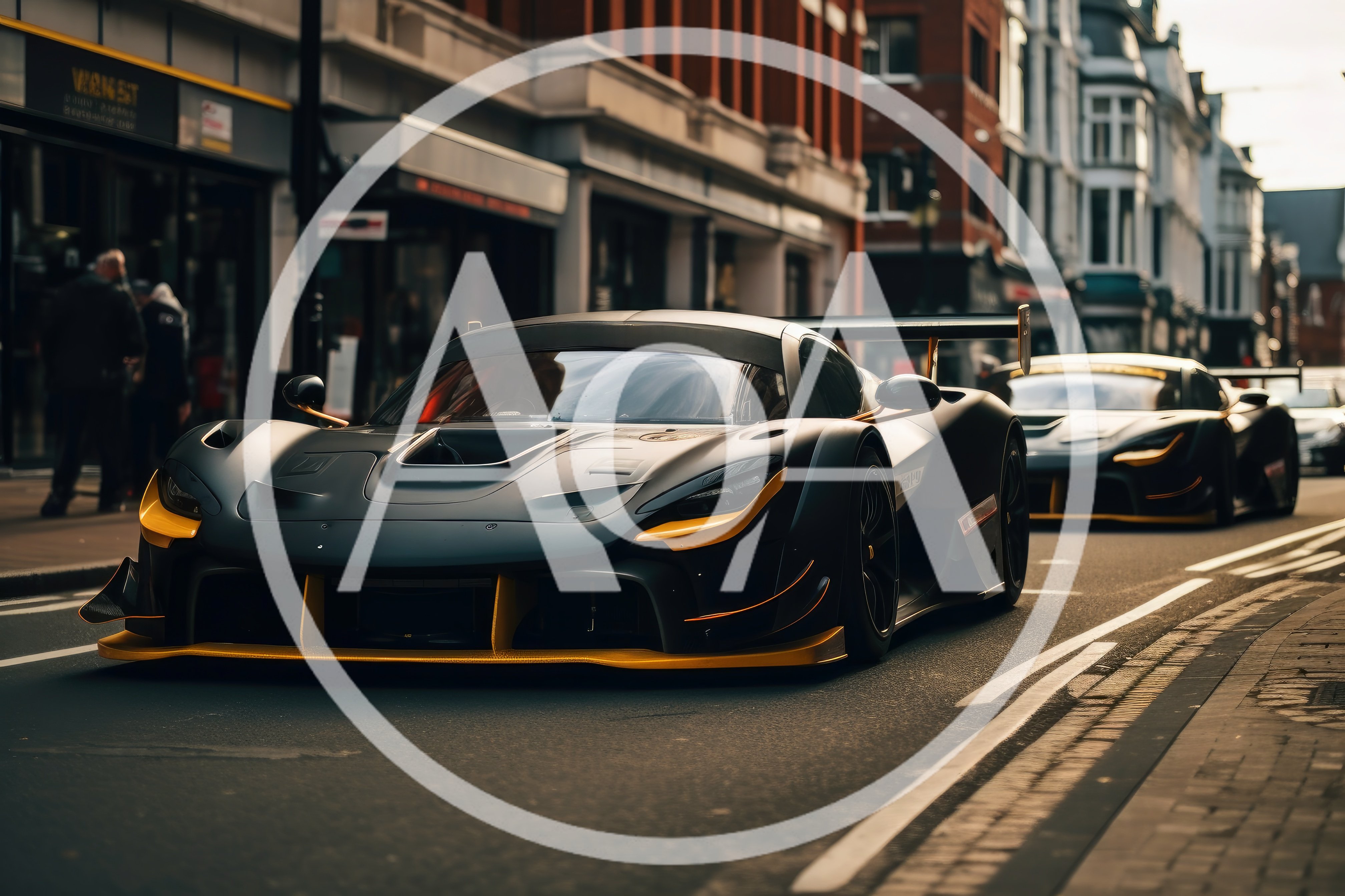 Two Matte Black Supercars Driving Down City Street