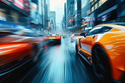 High Speed Sports Cars Racing Through City Streets