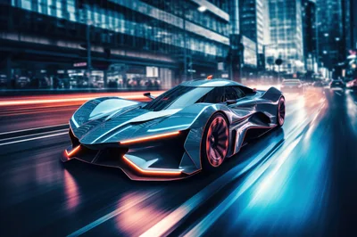 Futuristic Concept Supercar Driving Through City Streets