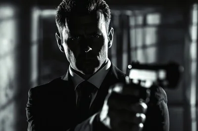 Serious Man In Suit Aiming A Handgun