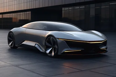 Futuristic Silver Concept Car Parked Outside Modern Building