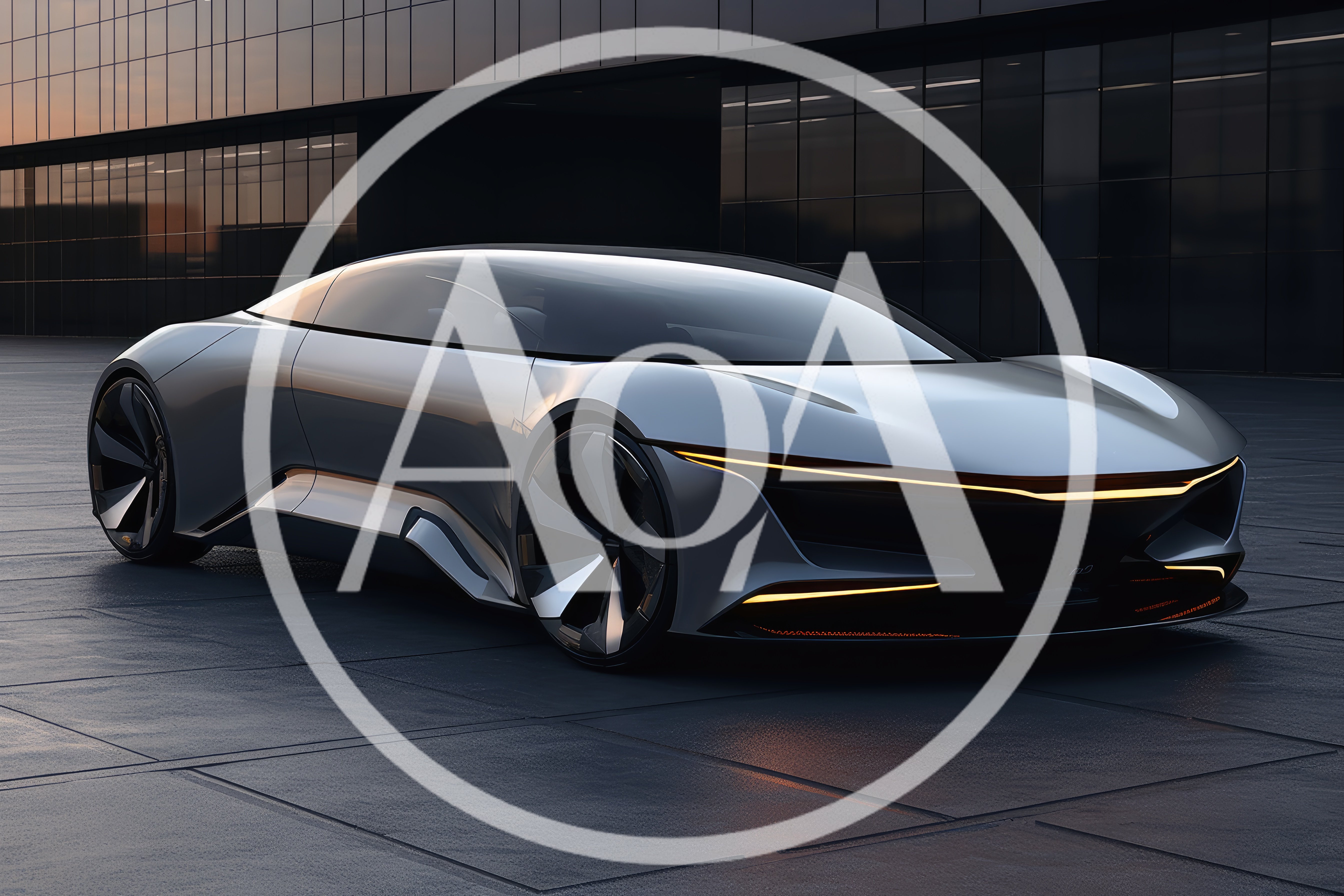 Futuristic Silver Concept Car Parked Outside Modern Building