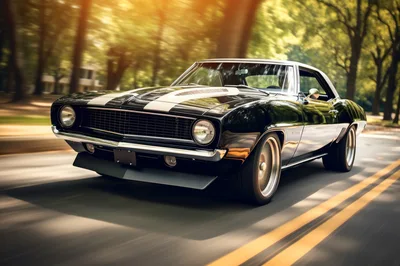 Black Classic Muscle Car Driving On A Tree Lined Road