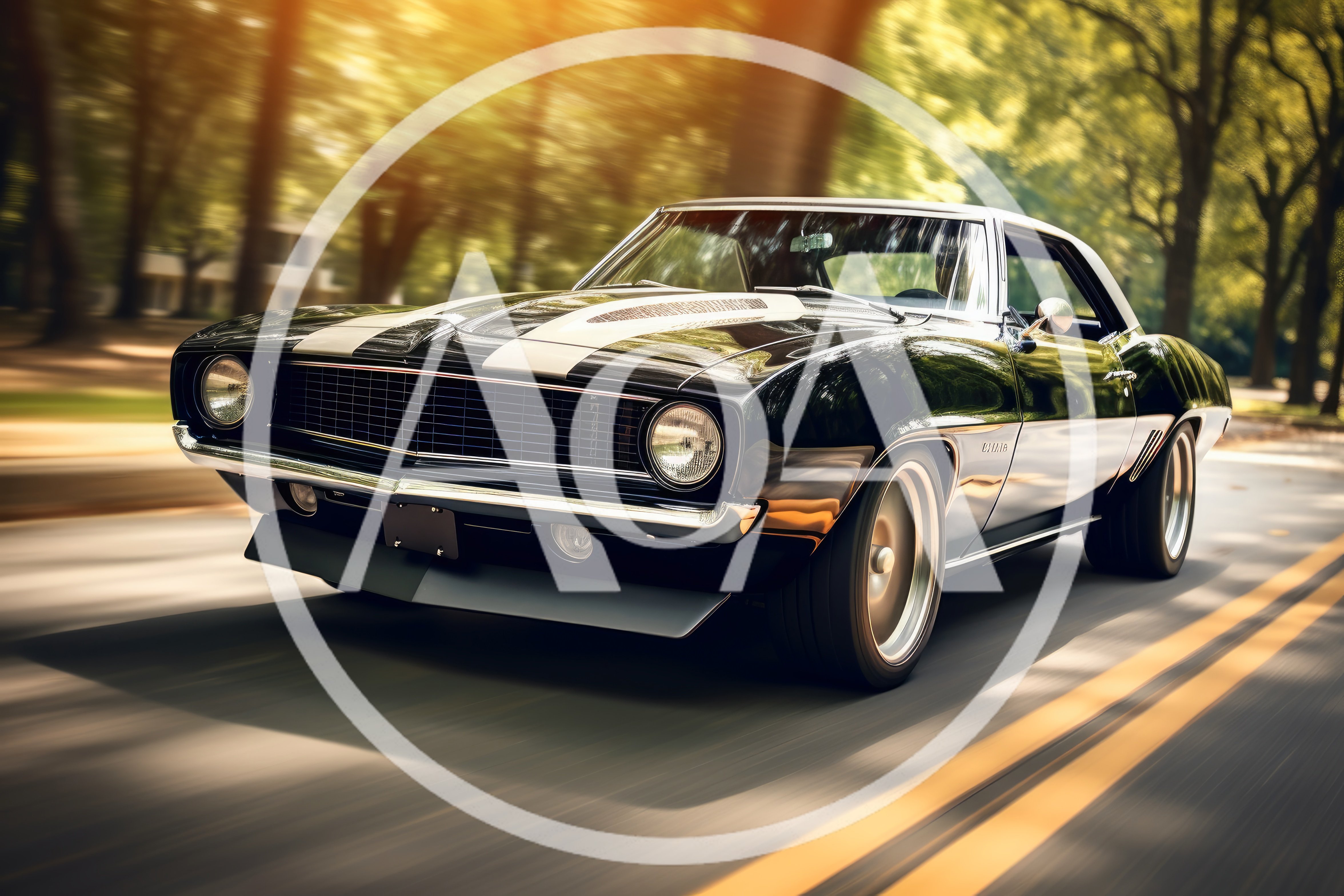 Black Classic Muscle Car Driving On A Tree Lined Road
