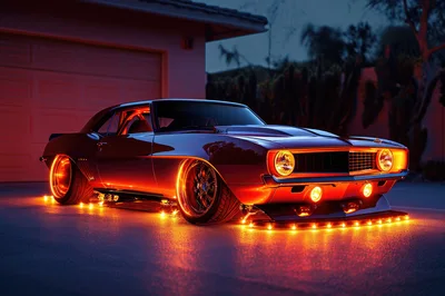 Custom Classic Muscle Car With Glowing Orange Lights