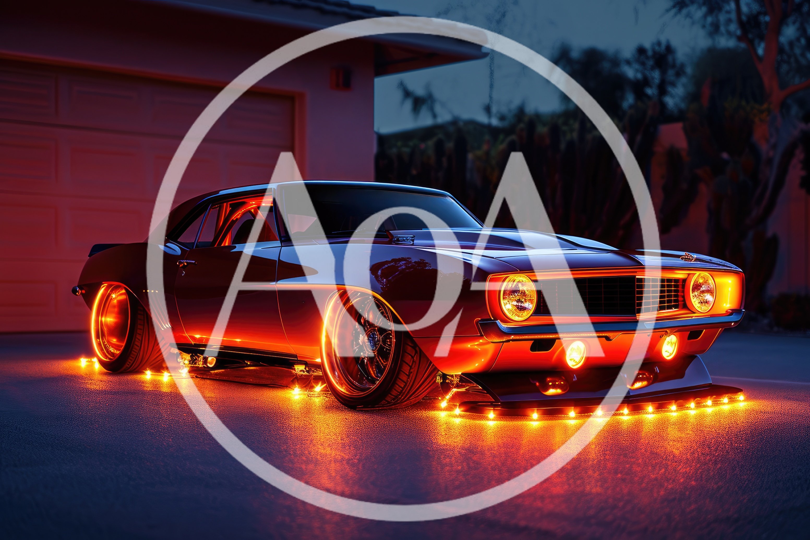 Custom Classic Muscle Car With Glowing Orange Lights