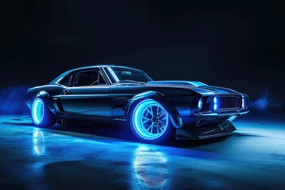 Customized Blue Neon Muscle Car In Dark Studio
