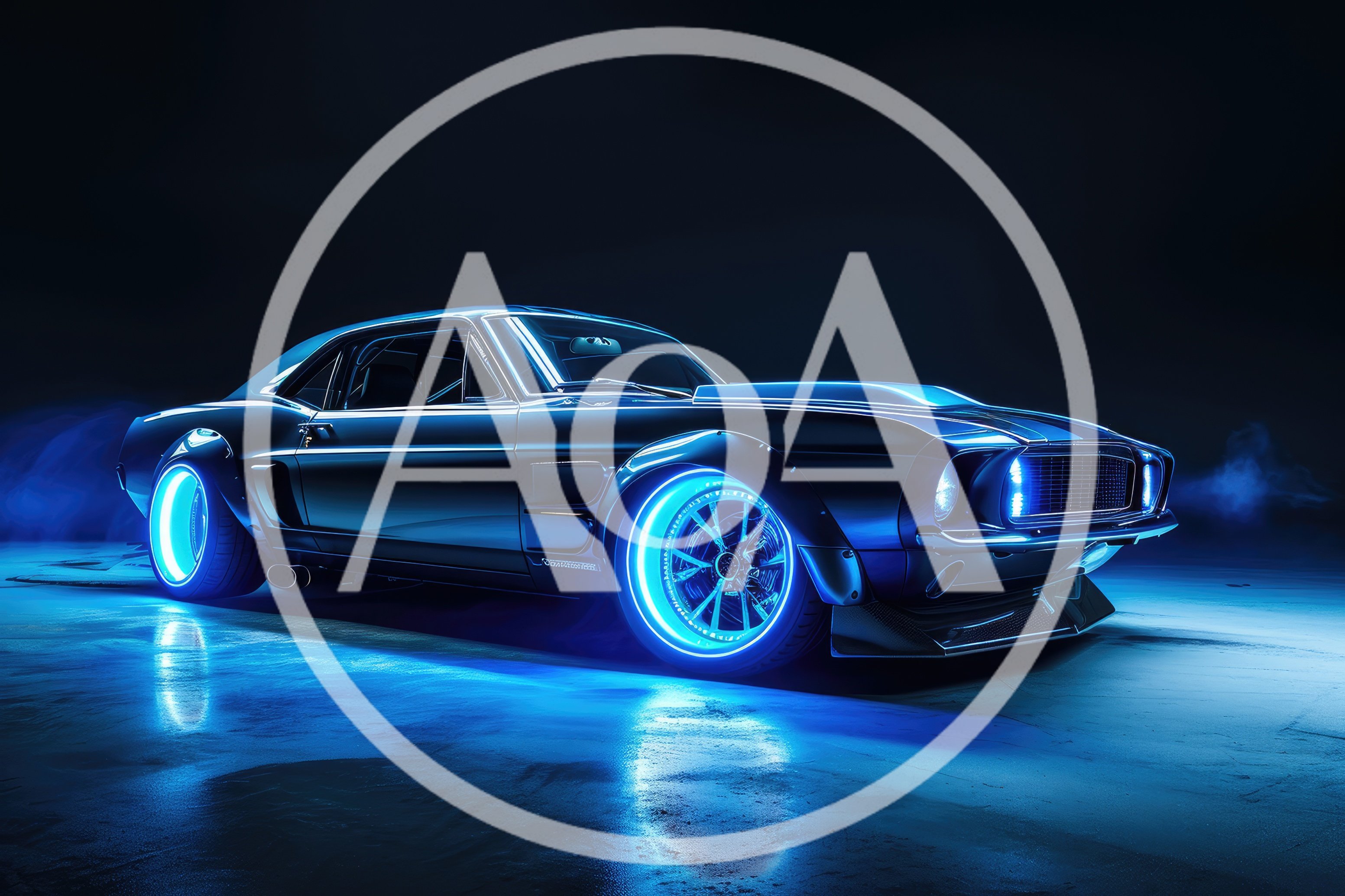 Customized Blue Neon Muscle Car In Dark Studio