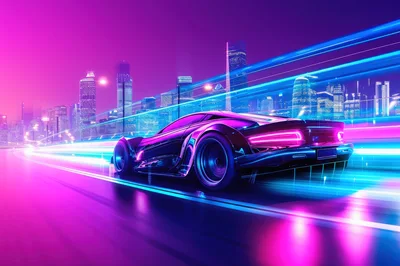 Futuristic Sports Car Driving Through Neon Cityscape