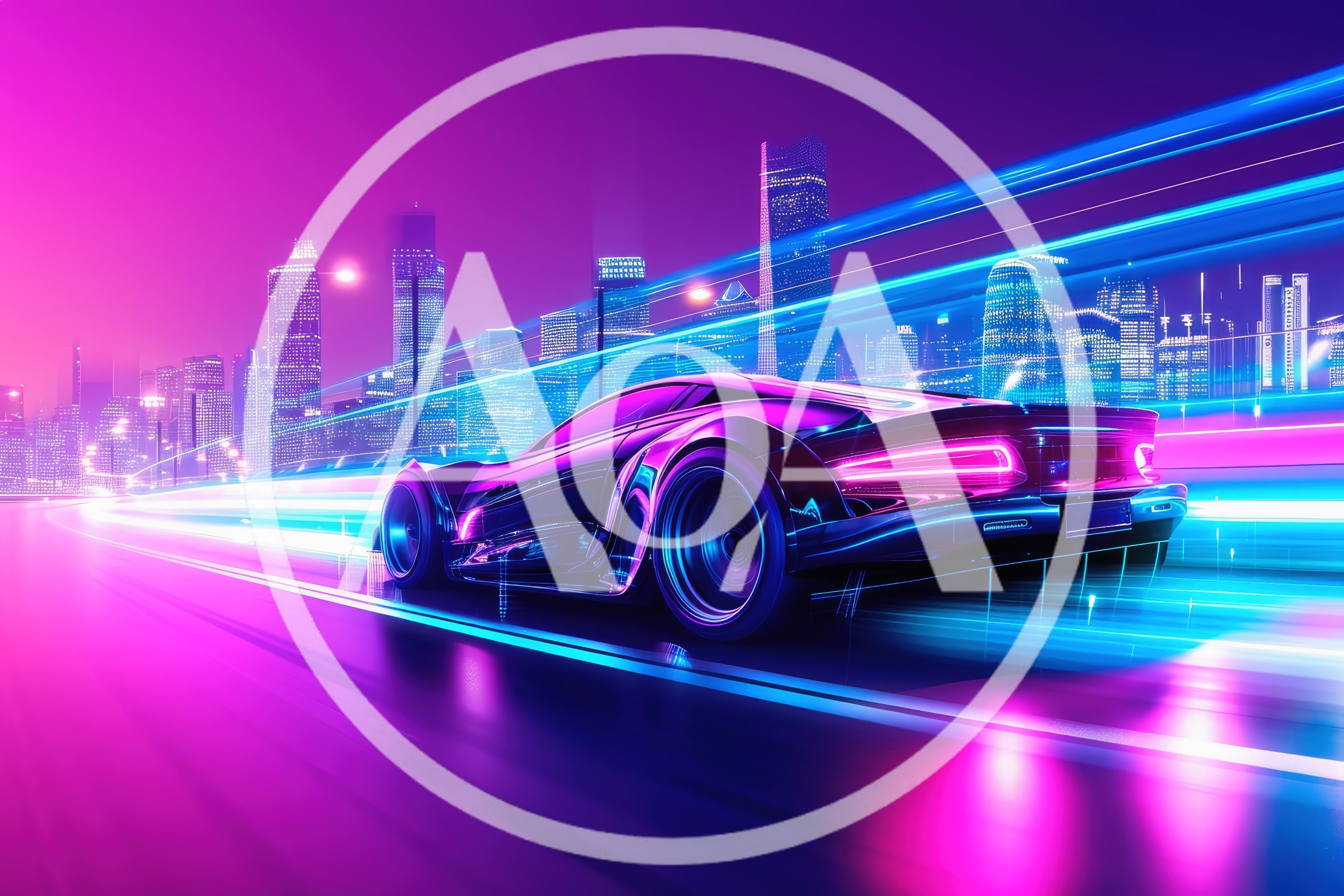 Futuristic Sports Car Driving Through Neon Cityscape