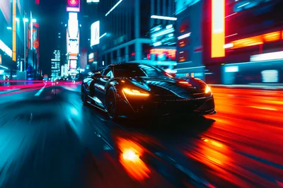 Black Supercar Driving Through Neon City Streets