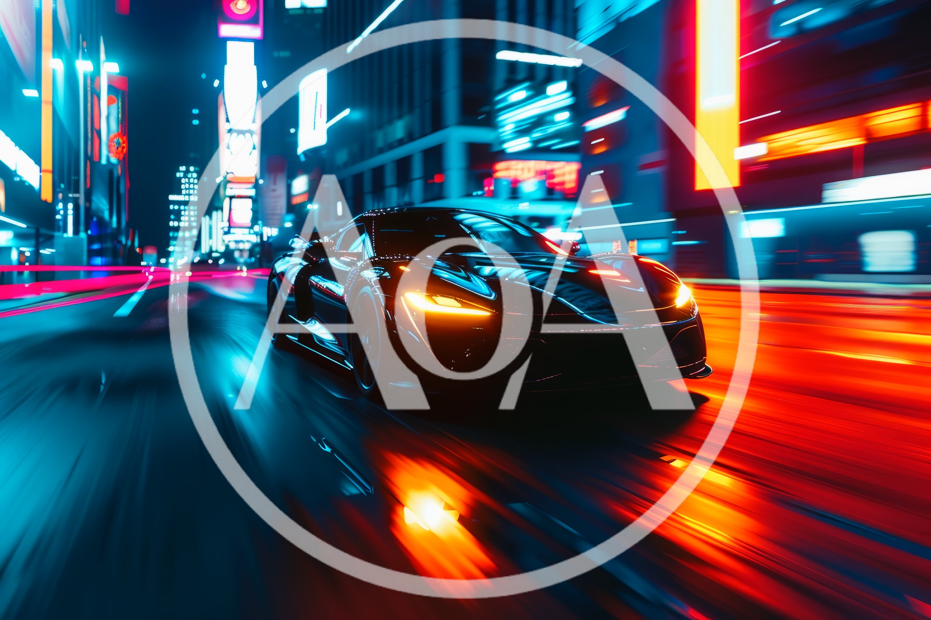 Black Supercar Driving Through Neon City Streets