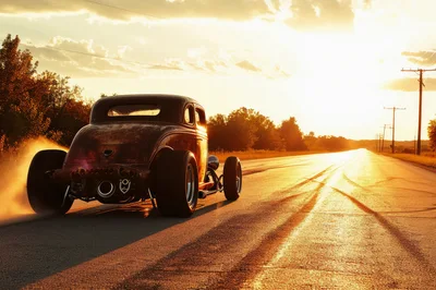 Vintage Hot Rod Burning Rubber On Rural Road