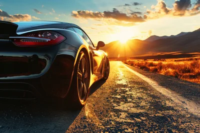 Black Sports Car Parked On Desert Road At Sunset