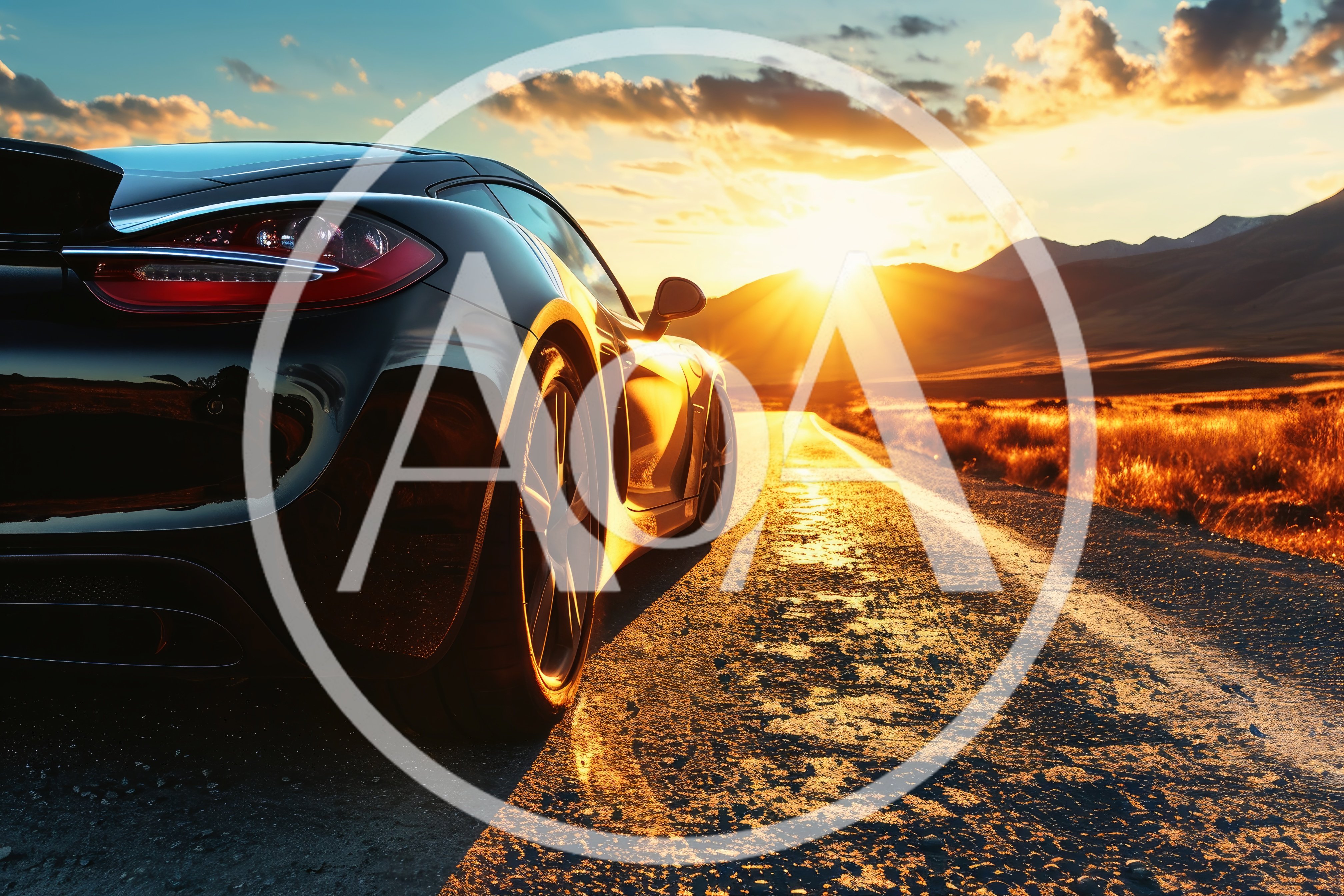 Black Sports Car Parked On Desert Road At Sunset