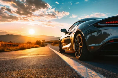 Luxury Sports Car Parked on Scenic Country Road at Sunset